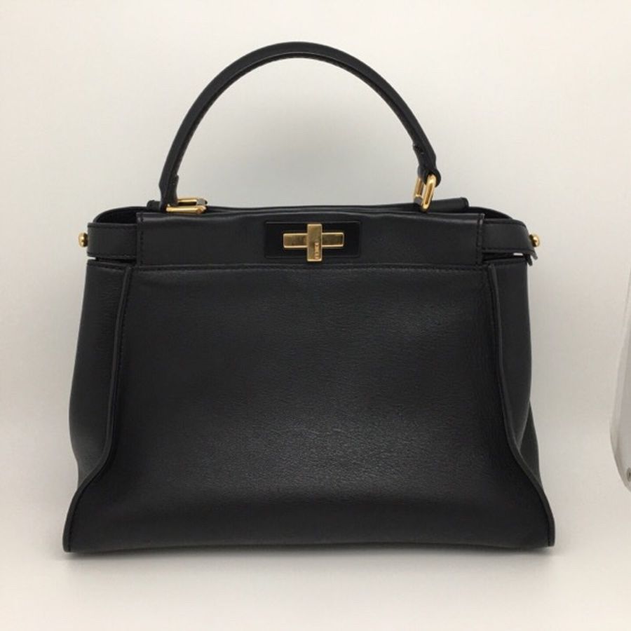芬迪/Fendi  peekaboo中號 黑色光面牛皮金扣 手提單肩用兩包 33*25.5*10-10