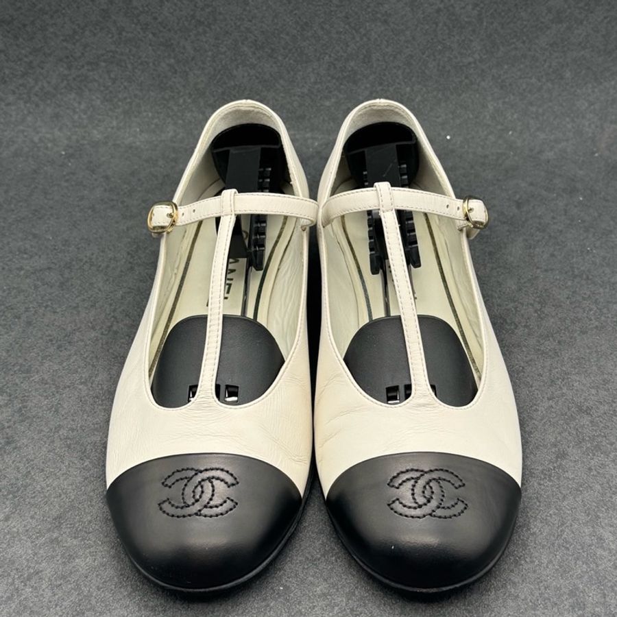 Chanel  香奈兒 23春季 T字瑪麗珍 T-strap Mary Jane白拼黑皮鞋單鞋  37.5已贴底-1