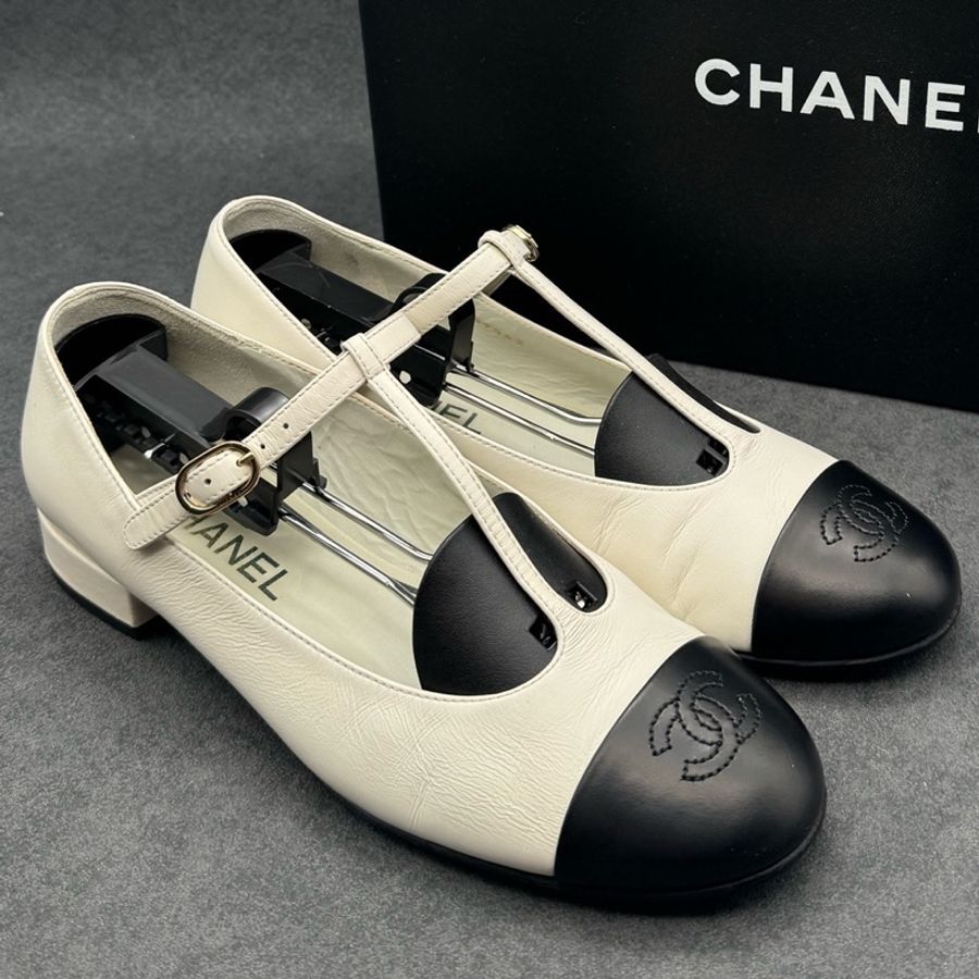 Chanel  香奈兒 23春季 T字瑪麗珍 T-strap Mary Jane白拼黑皮鞋單鞋  37.5已贴底-2