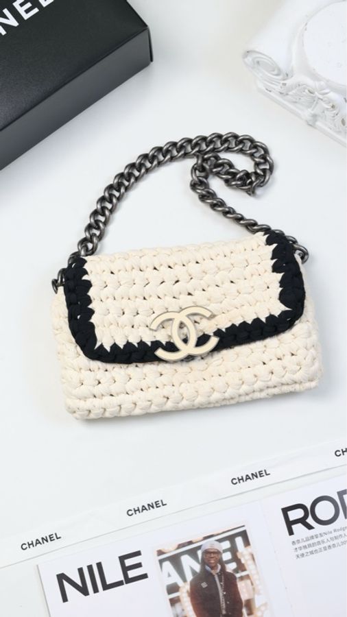 Chanel 19开黑白熊猫编织白色皮革CC扣CF单肩包-0