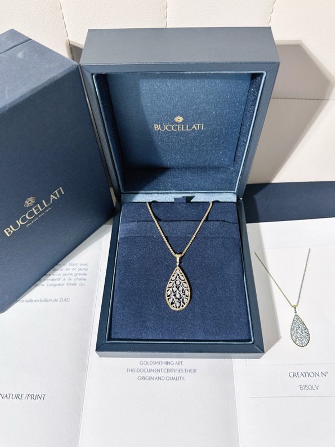 Buccellati 布契拉提 RAMAGE 雙色金水滴月桂葉鑽石項鍊-0