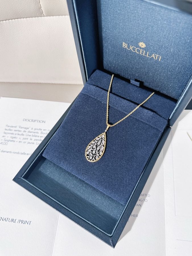 Buccellati 布契拉提 RAMAGE 雙色金水滴月桂葉鑽石項鍊-3