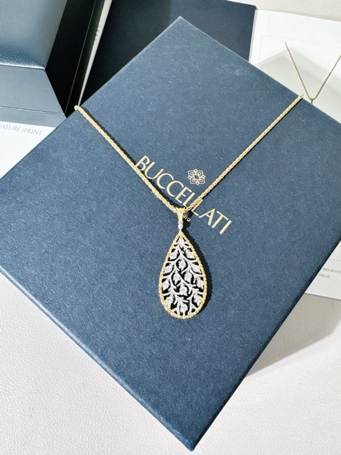 Buccellati 布契拉提 RAMAGE 雙色金水滴月桂葉鑽石項鍊-4