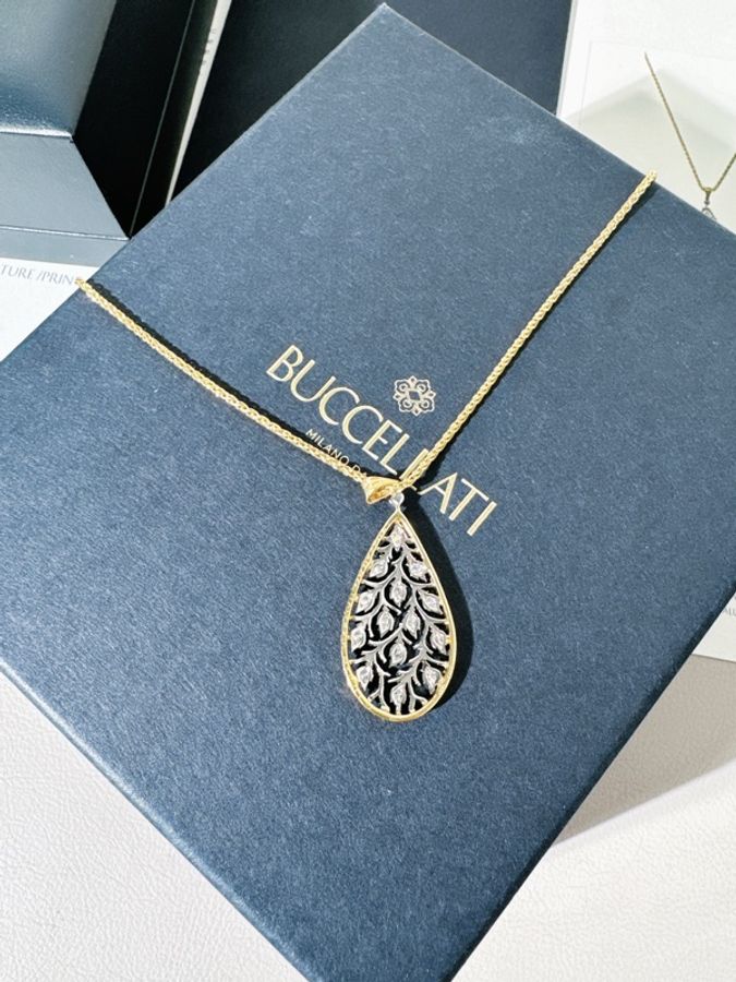 Buccellati 布契拉提 RAMAGE 雙色金水滴月桂葉鑽石項鍊-5