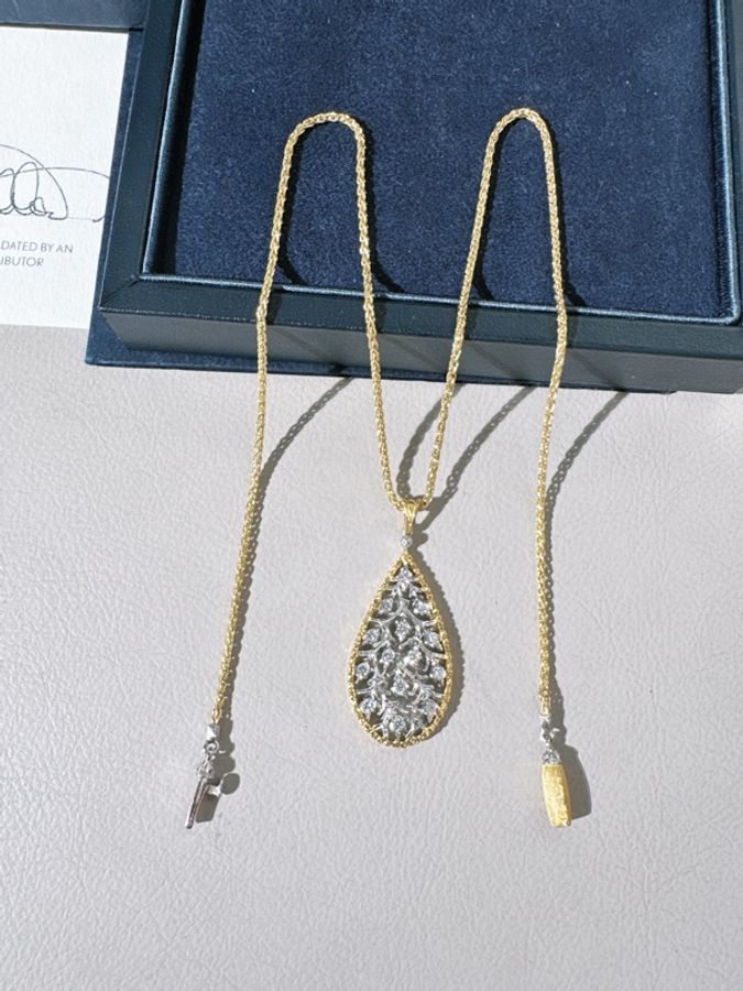 Buccellati 布契拉提 RAMAGE 雙色金水滴月桂葉鑽石項鍊-6