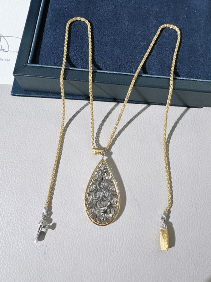 Buccellati 布契拉提 RAMAGE 雙色金水滴月桂葉鑽石項鍊-7