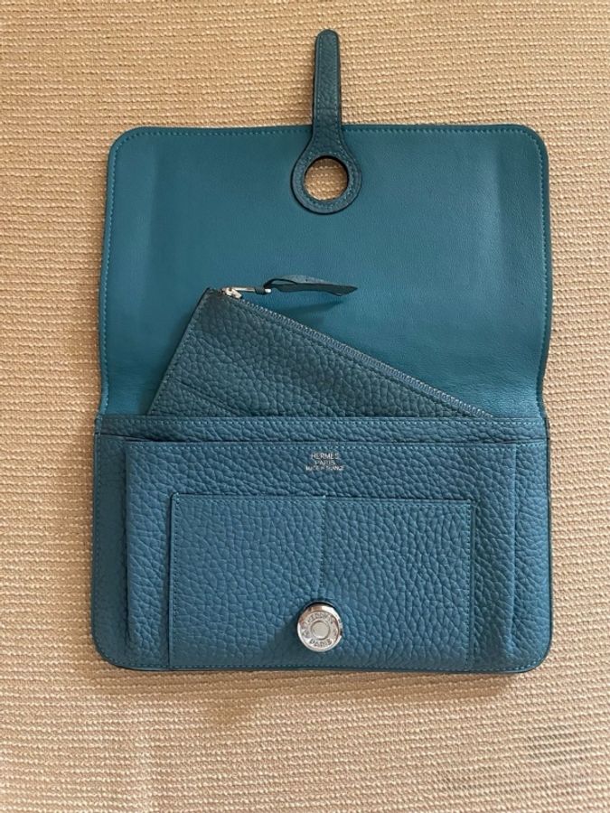 超划算9.9新 Hermès Dogon Duo 湖水藍 Togo 銀扣 長夾 護照夾-1