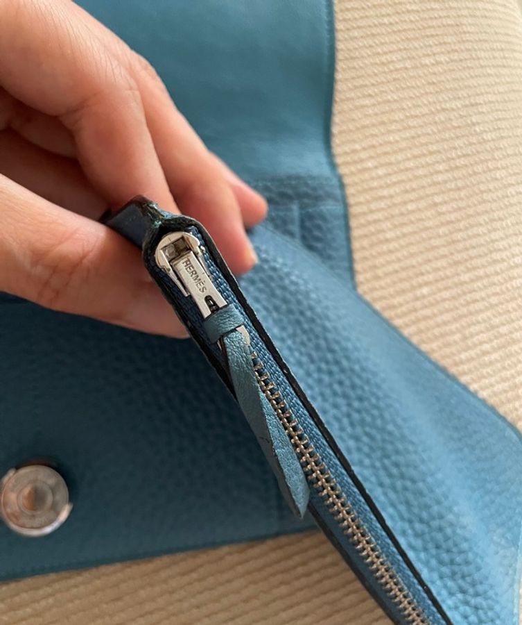超划算9.9新 Hermès Dogon Duo 湖水藍 Togo 銀扣 長夾 護照夾-8
