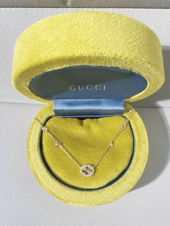 Gucci古馳 Interlocking G 18K玫瑰金滿鑽雙G項鍊-3