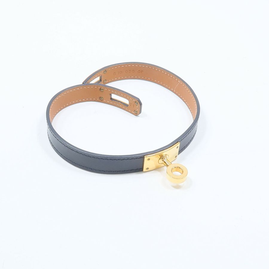 HERMES Box Calf皮革/金屬Kelly Double Tour手鏈Noir-4