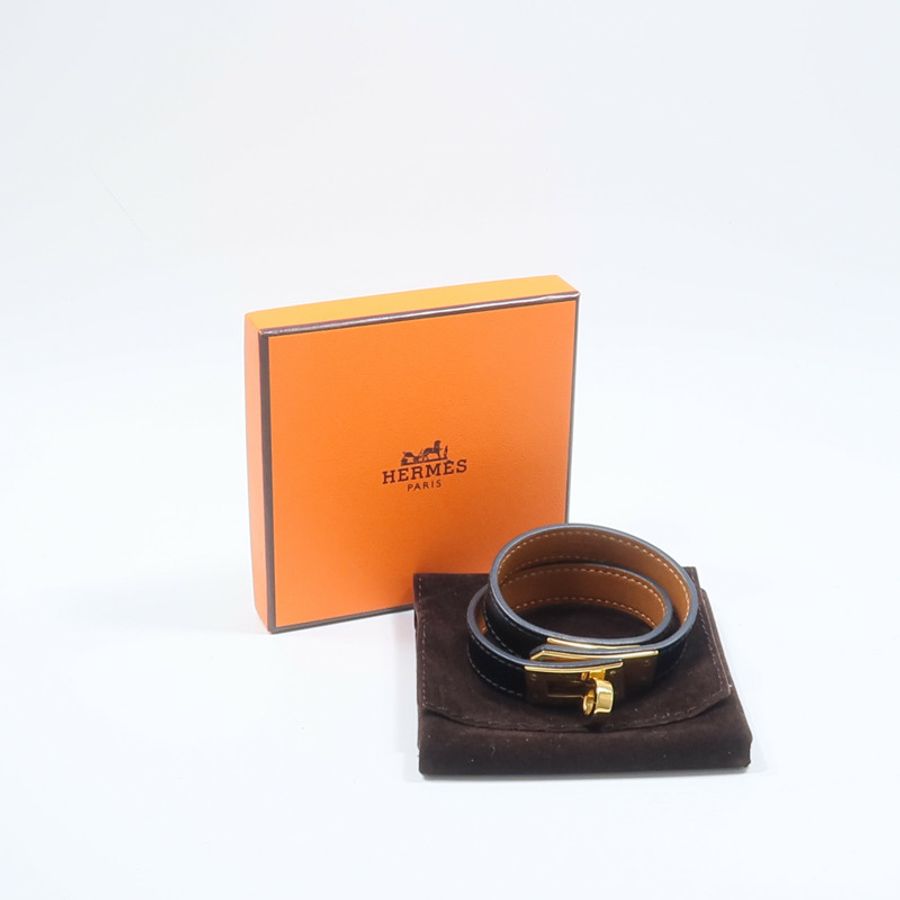HERMES Box Calf皮革/金屬Kelly Double Tour手鏈Noir-10