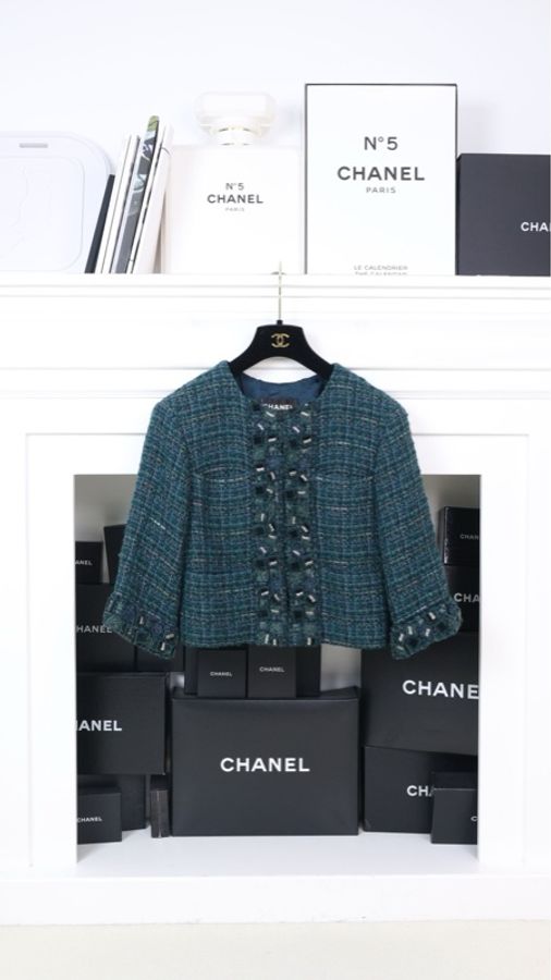 Chanel 12年孔雀绿粗花呢四口袋crop短外套-0