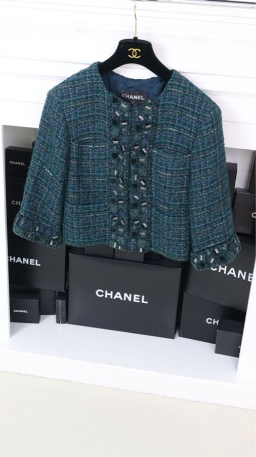 Chanel 12年孔雀绿粗花呢四口袋crop短外套-2