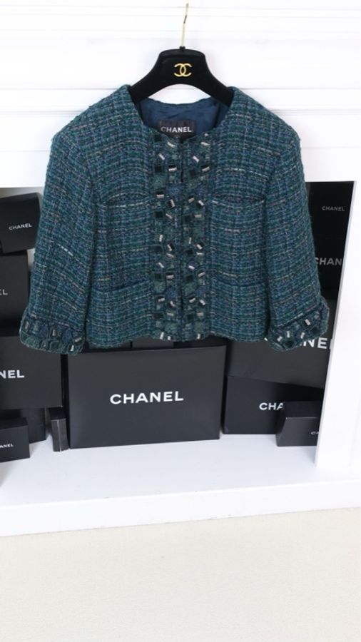 Chanel 12年孔雀绿粗花呢四口袋crop短外套-4