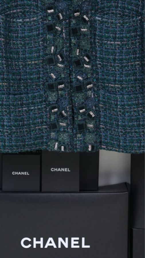 Chanel 12年孔雀绿粗花呢四口袋crop短外套-5