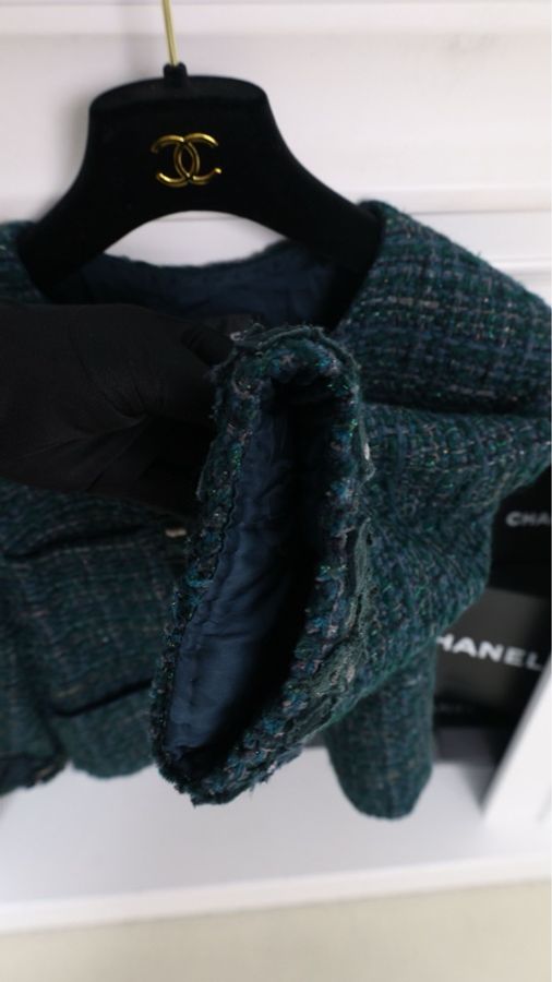 Chanel 12年孔雀绿粗花呢四口袋crop短外套-14