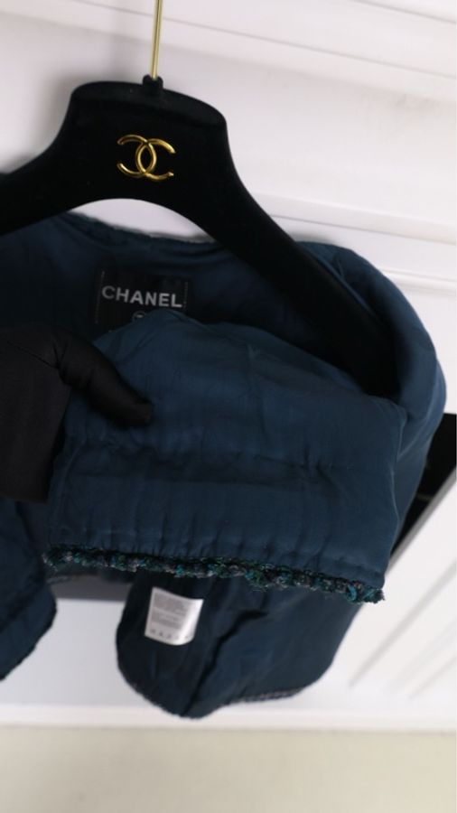 Chanel 12年孔雀绿粗花呢四口袋crop短外套-23