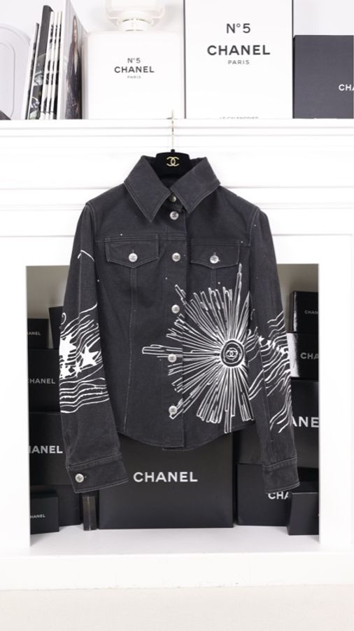 Chanel 22C秀款丹宁牛仔黑白涂鸦牛仔上衣夹克-0