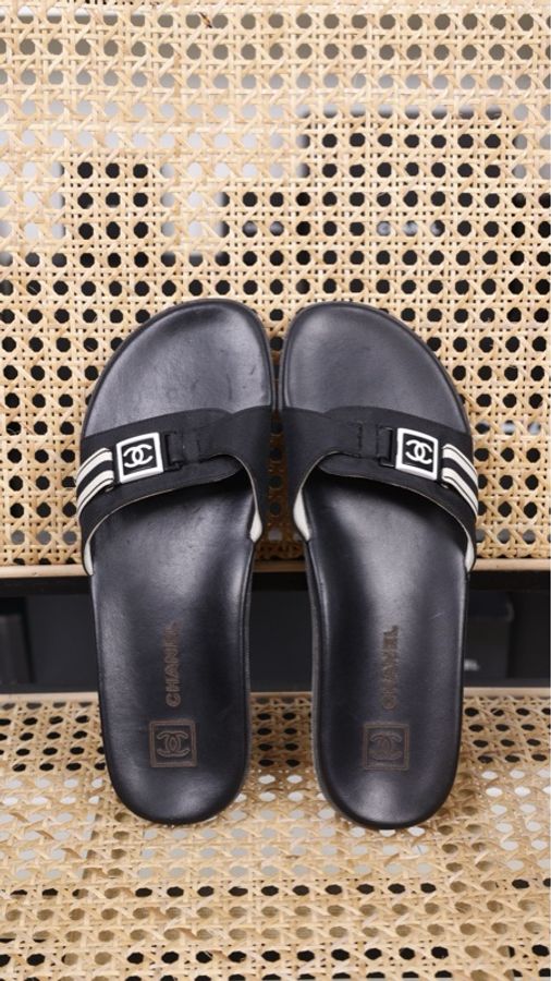 Chanel 06年运动方标系列黑白织物橡胶拖鞋-1