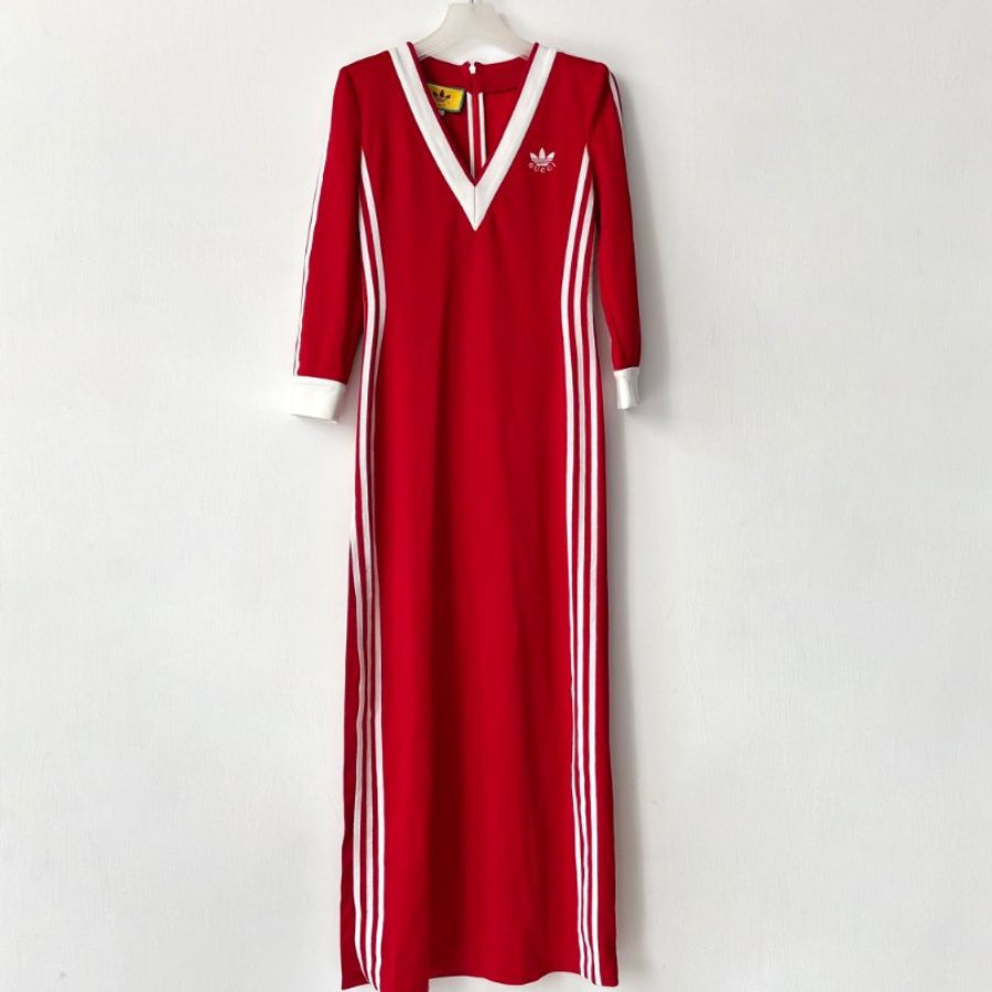 聯名🍒::GUCCI x adidas:: Red Striped Jersey Slitted Maxi Dress 紅色洋裝-1