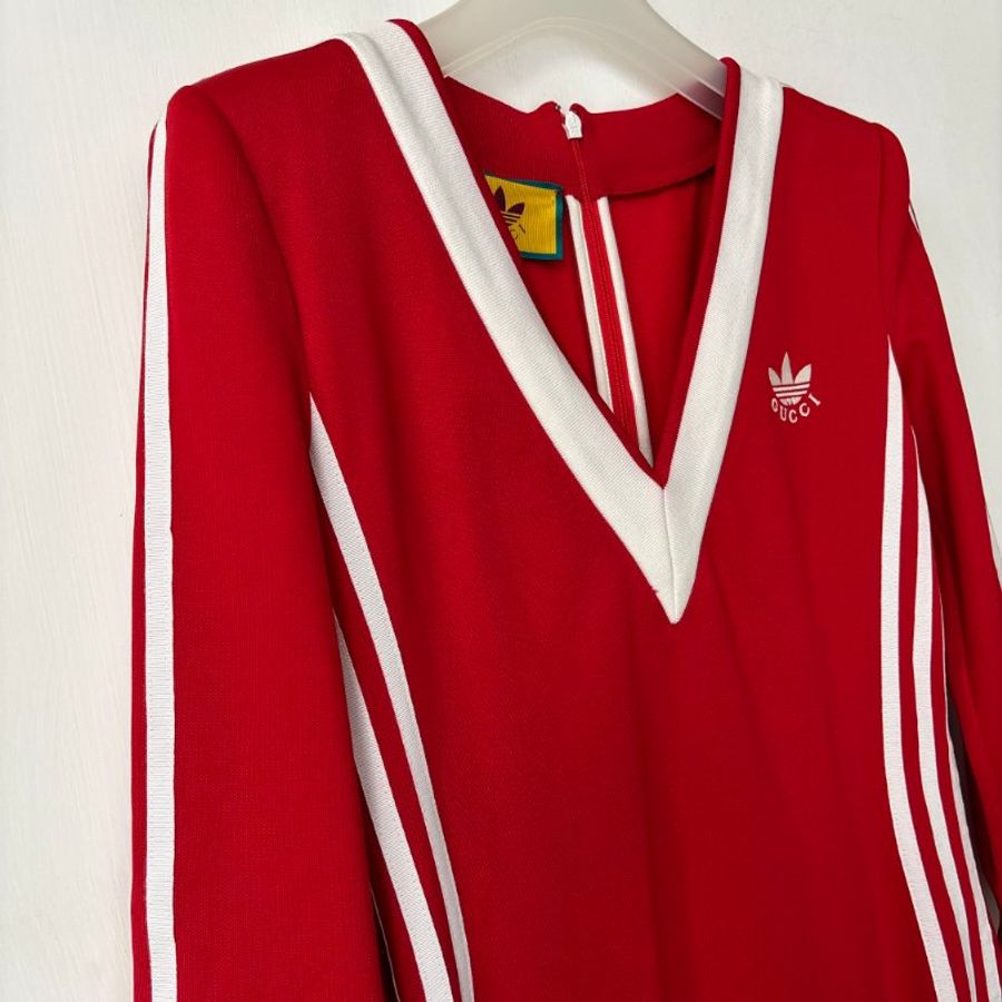 聯名🍒::GUCCI x adidas:: Red Striped Jersey Slitted Maxi Dress 紅色洋裝-2