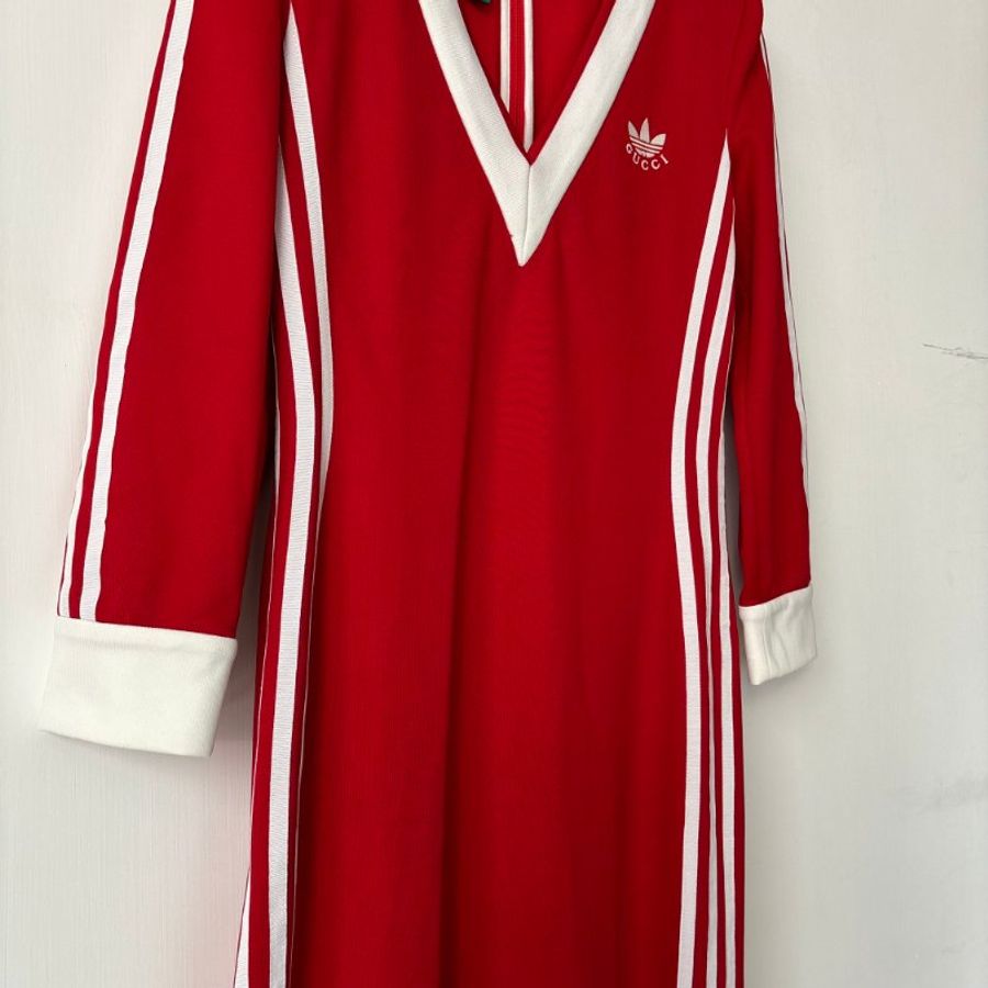 聯名🍒::GUCCI x adidas:: Red Striped Jersey Slitted Maxi Dress 紅色洋裝-6