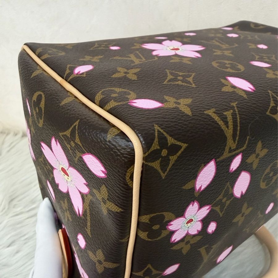LV M14174 老花金扣村上隆微笑櫻花 Speedy25 波士頓包 手提包 肩背包 修背包-8