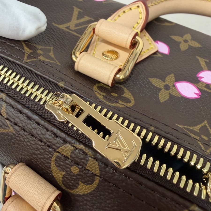 LV M14174 老花金扣村上隆微笑櫻花 Speedy25 波士頓包 手提包 肩背包 修背包-30