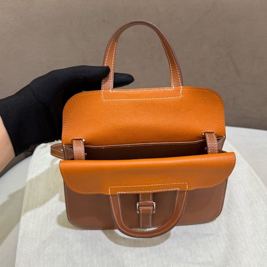 hermes 愛馬仕 mini halzan 金棕拼焦糖色內裡 銀扣-7