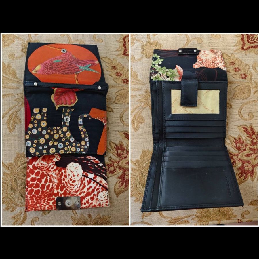 Salvatore Ferragamo 正版絕版 Animalier Jungla 系列 有使用痕跡 真皮及印花布包身 中性法式 雙折短夾 請看商品敘述-2