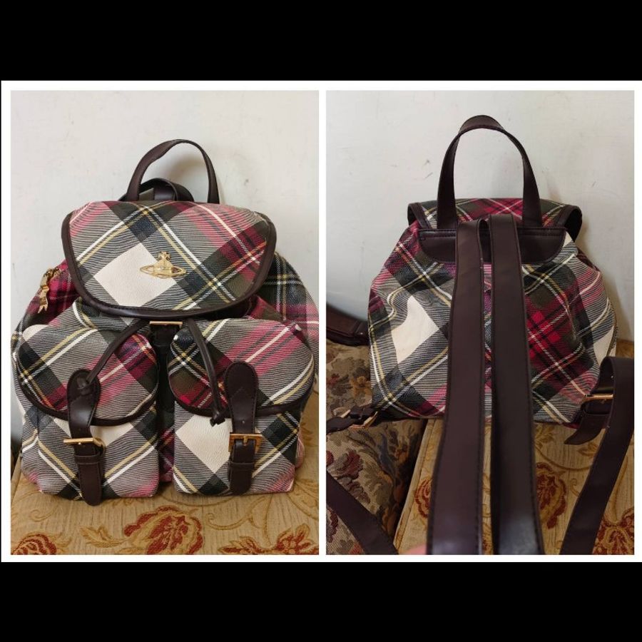 Vivienne Westwood 正版絕版 義大利品牌 有使用痕跡 實用 真皮及帆布包身 手提 後背包 請看商品敘述-0