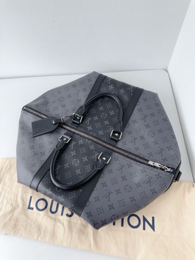 👜LV路易威登｜黑色拼灰色keepall50 行李/旅行包｜99新芯片款-5