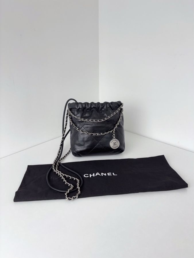 Chanel香奈兒🖤 黑銀mini 芯片22Bag垃圾袋98新✨-5