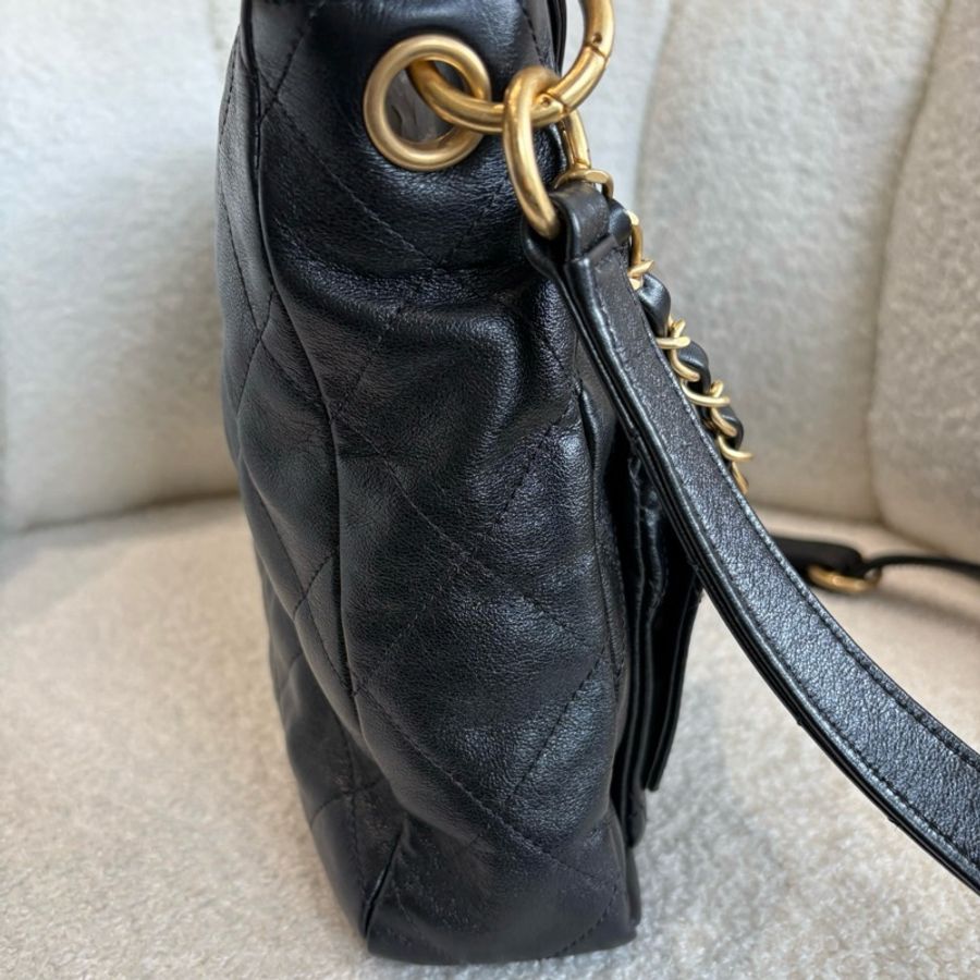 香奈兒/Chanel 24P hobo嬉皮黑色大號金扣郵差包手提單肩包斜挎包,尺寸30cm-1