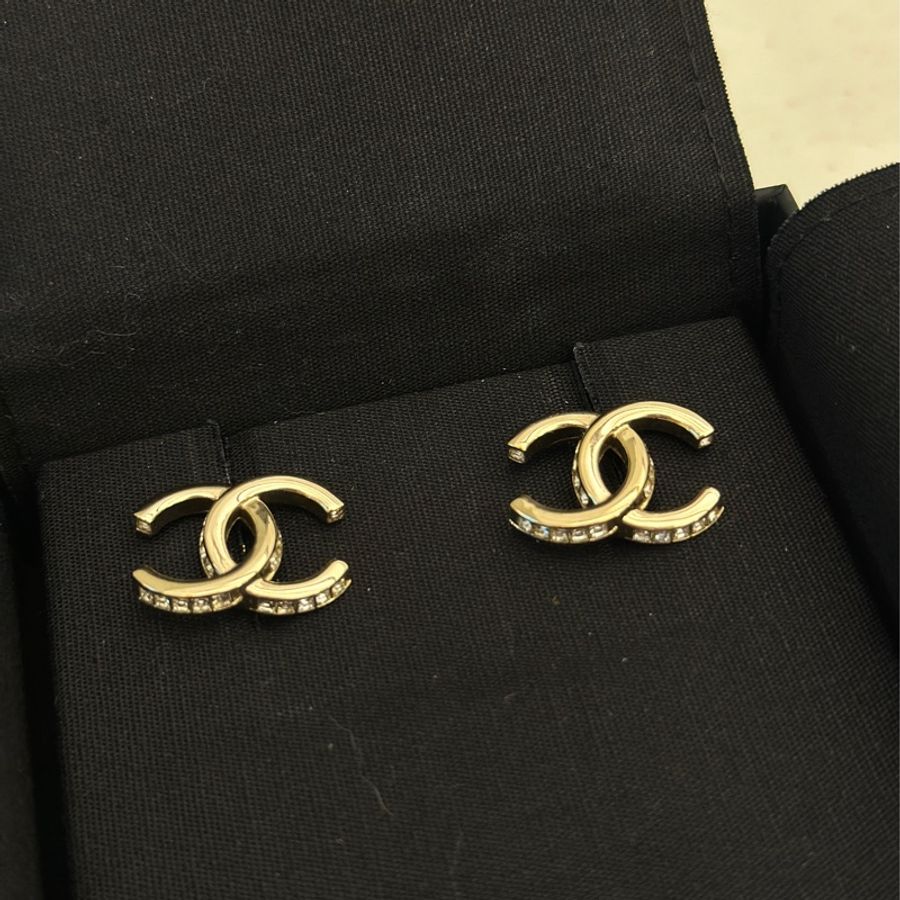 Chanel 香奈兒 側鑲鑽淺金耳環-5