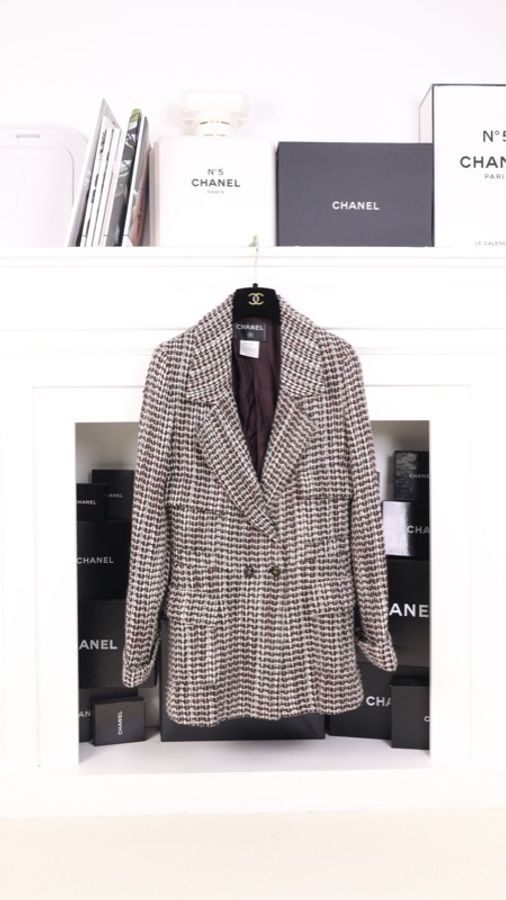 Chanel 01年秋冬秀款棕白格纹双排扣四口袋大衣外套-0