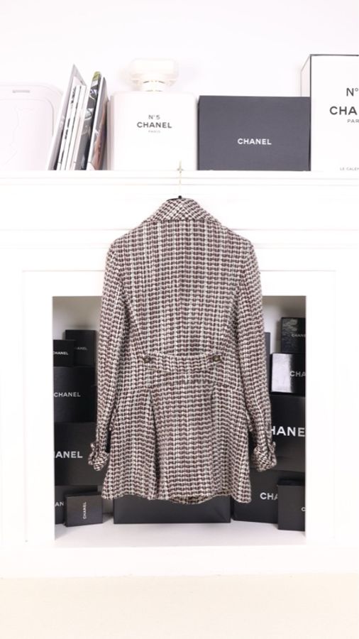 Chanel 01年秋冬秀款棕白格纹双排扣四口袋大衣外套-1