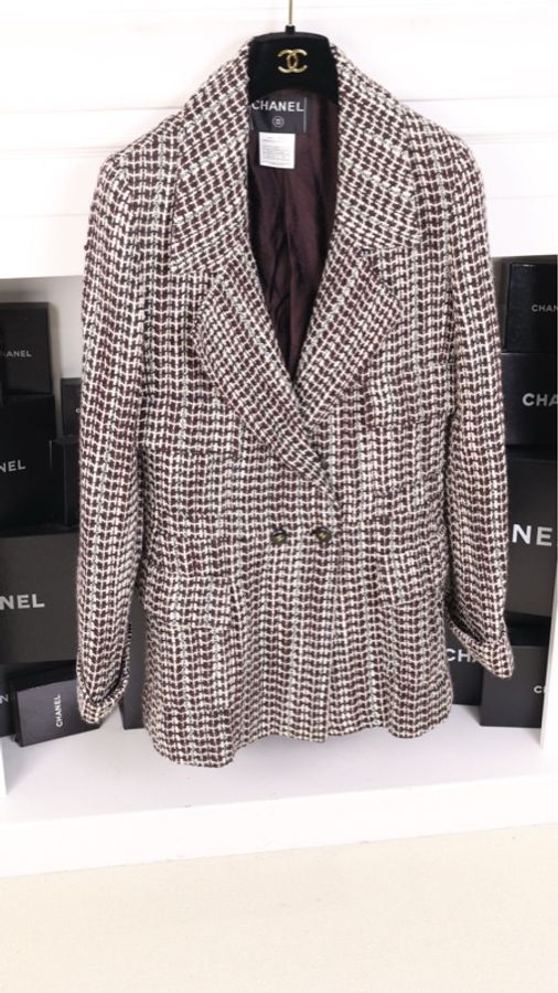 Chanel 01年秋冬秀款棕白格纹双排扣四口袋大衣外套-2