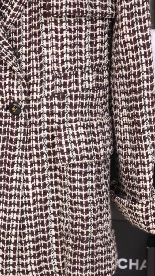 Chanel 01年秋冬秀款棕白格纹双排扣四口袋大衣外套-5