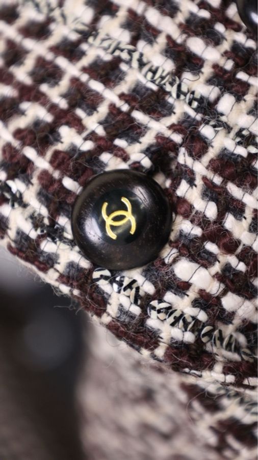 Chanel 01年秋冬秀款棕白格纹双排扣四口袋大衣外套-12