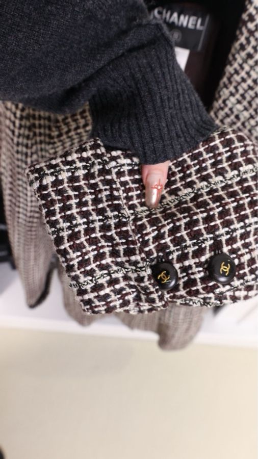 Chanel 01年秋冬秀款棕白格纹双排扣四口袋大衣外套-22