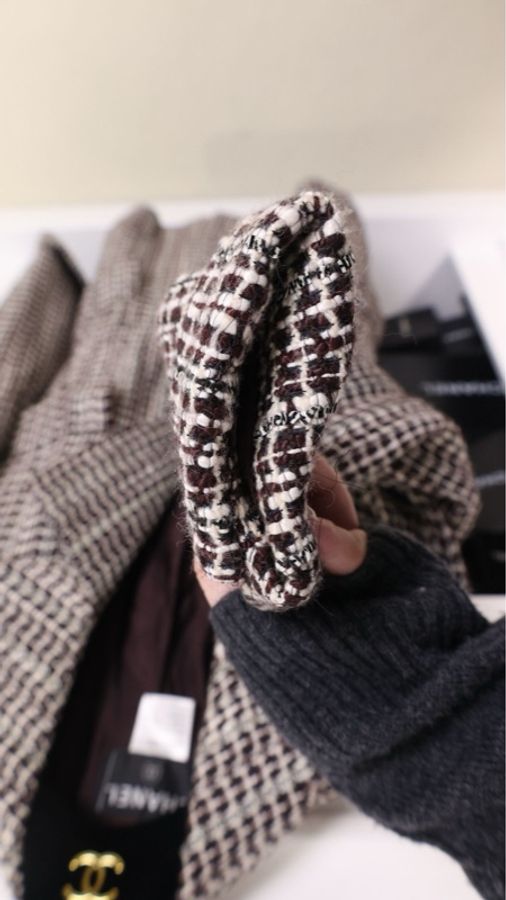 Chanel 01年秋冬秀款棕白格纹双排扣四口袋大衣外套-25