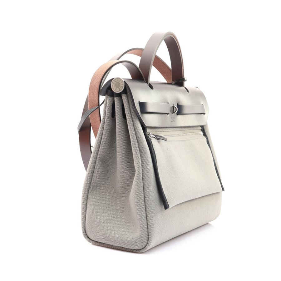 HERMES 愛馬仕 Herbag Zip 31 兩用包 灰色帆布 黑/棕牛皮 W刻 銀扣-1