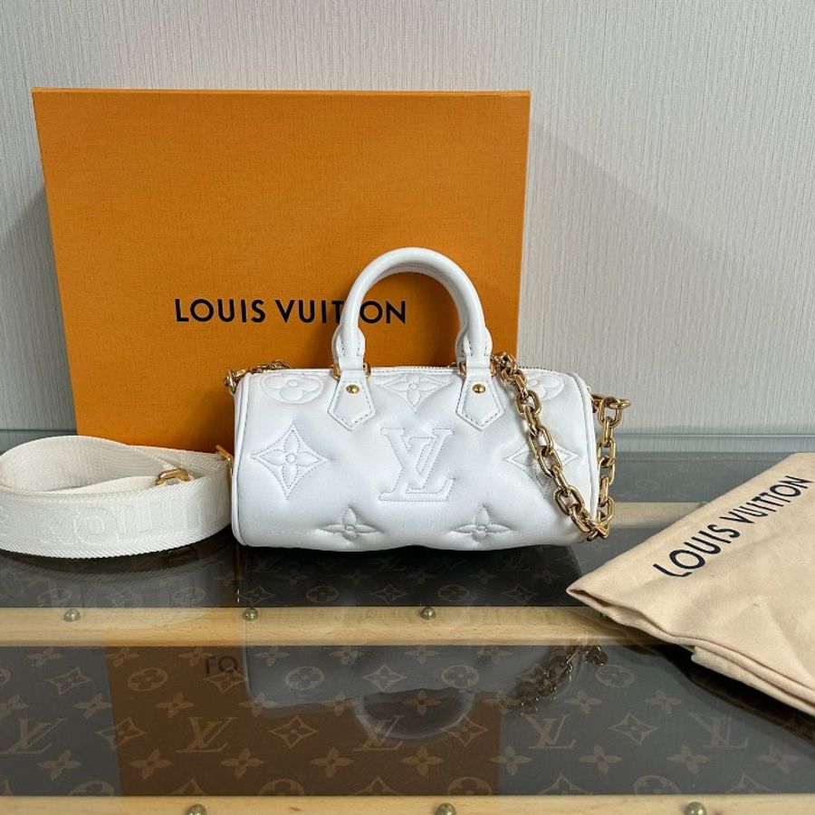 LV 白金全皮壓紋PapillonBB 巴比龍手提肩背斜背圓筒包 芯片款21*10*10 98新配件盒子 塵袋-1