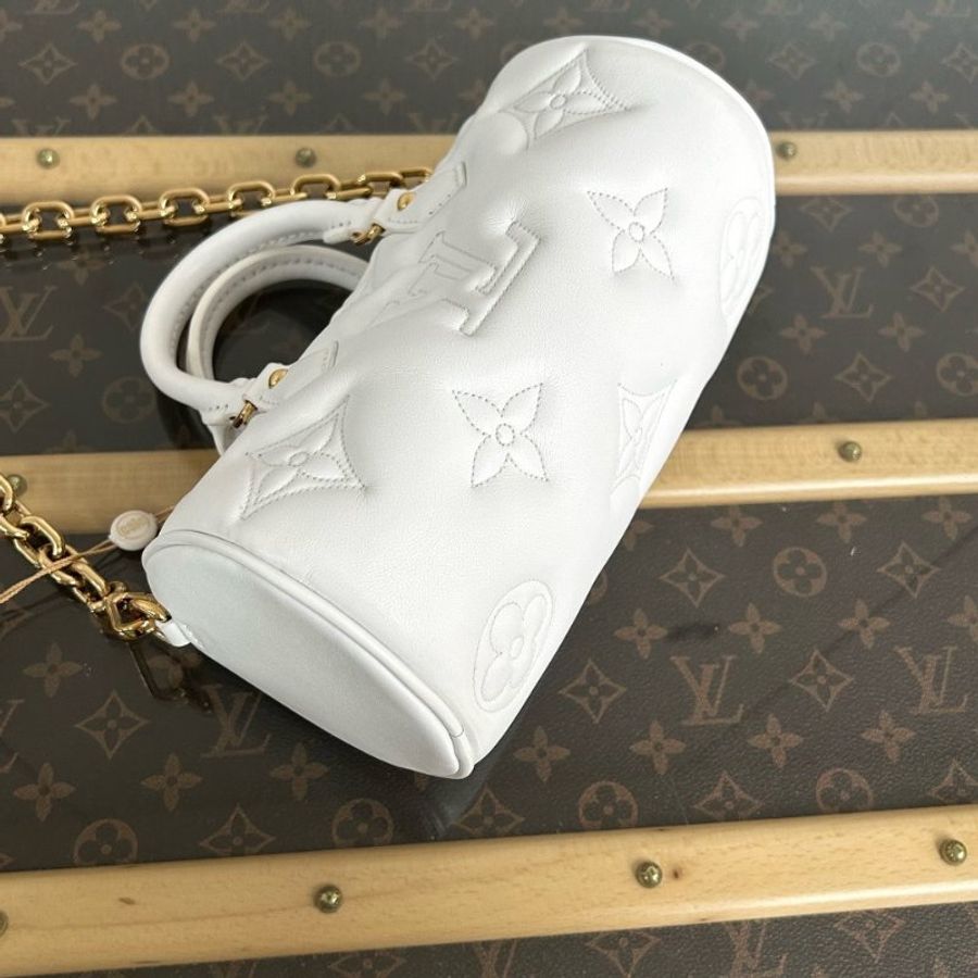 LV 白金全皮壓紋PapillonBB 巴比龍手提肩背斜背圓筒包 芯片款21*10*10 98新配件盒子 塵袋-2
