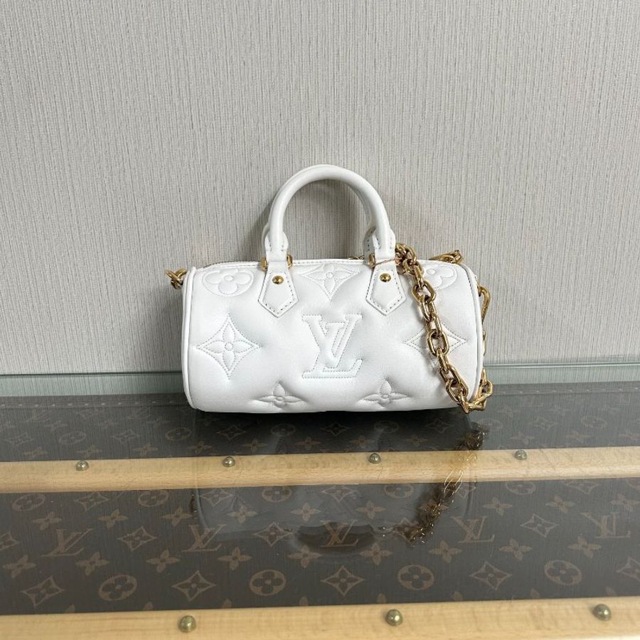 LV 白金全皮壓紋PapillonBB 巴比龍手提肩背斜背圓筒包 芯片款21*10*10 98新配件盒子 塵袋-4