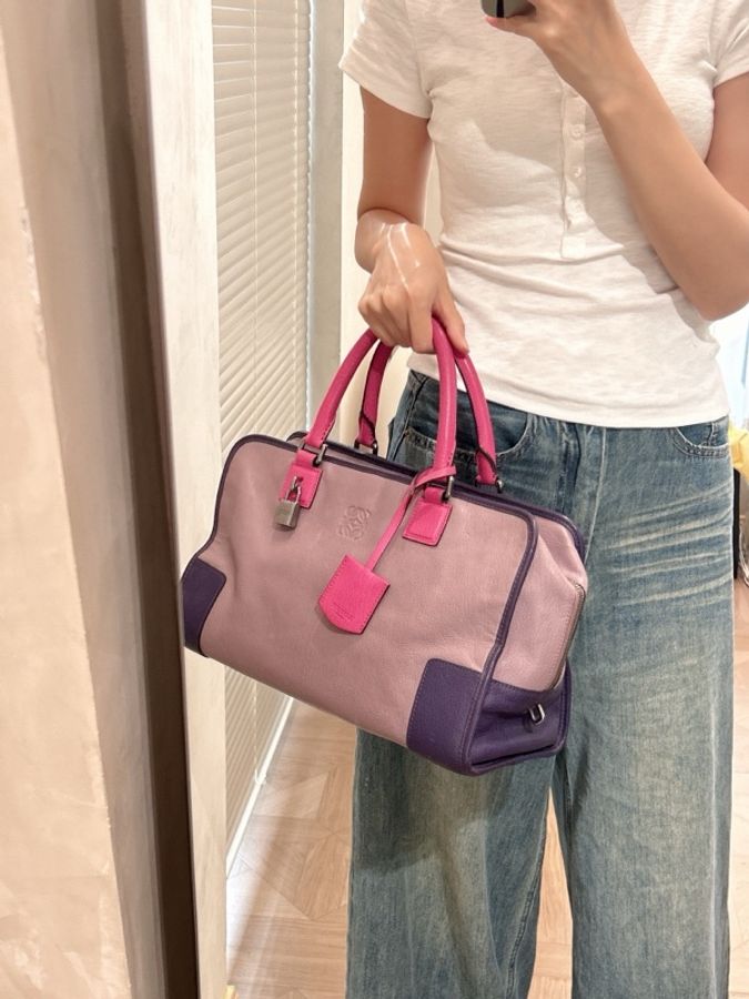98新 LOEWE/羅意威 Amazona拼色手提包 紫色+玫紅配色-1