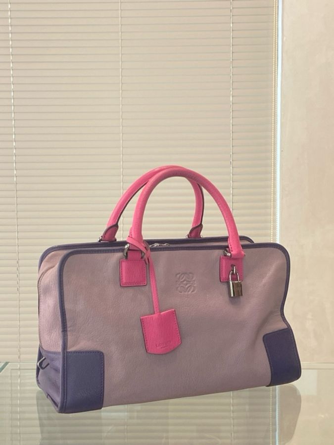 98新 LOEWE/羅意威 Amazona拼色手提包 紫色+玫紅配色-4