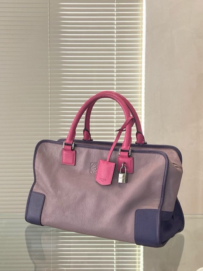 98新 LOEWE/羅意威 Amazona拼色手提包 紫色+玫紅配色-8