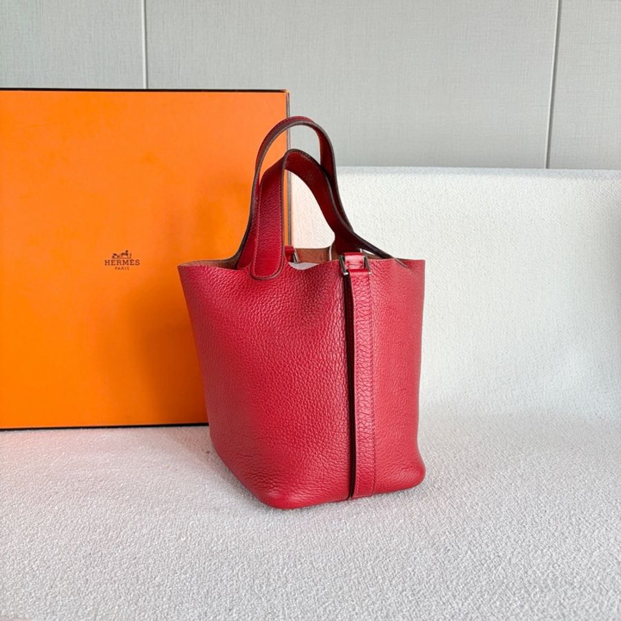 Hermes • 經典國旗紅Tc皮銀釦菜籃子 Picotin 18 🈶原廠塵袋-5